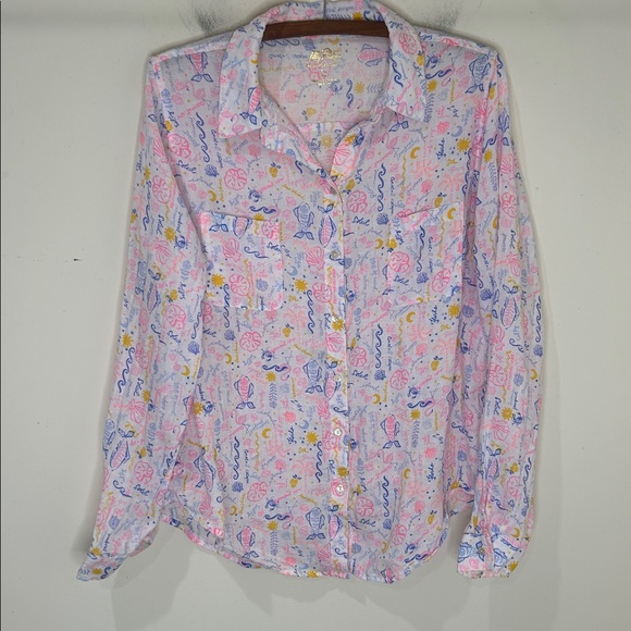 LILLY PULITZER Seacoast Linen Button Down Top Size Large - Picture 3 of 15